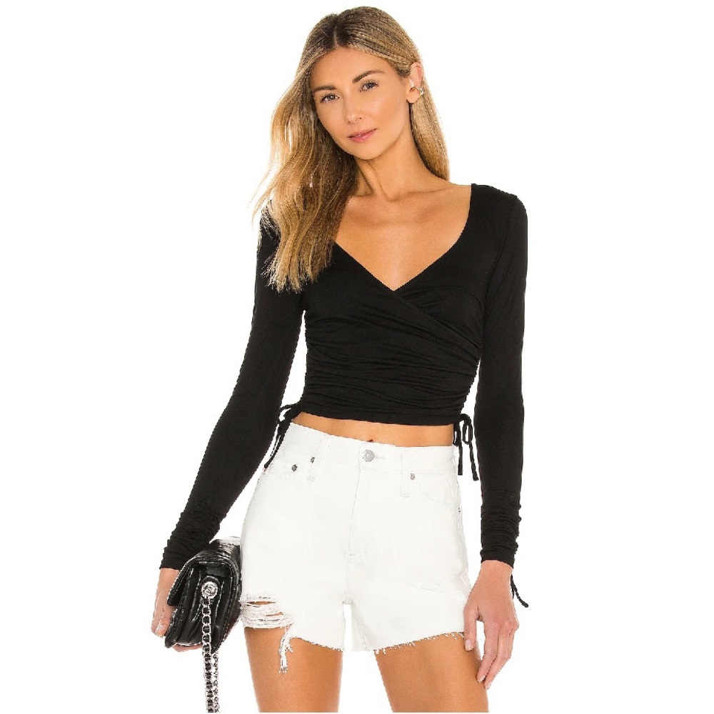 Lovers and Friends + Dory Top Medium Crop Wrap Black Long Sleeve Ties Ruch Shirt